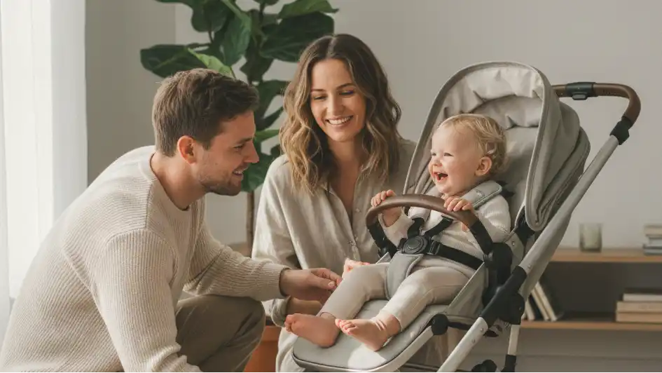 Babywagen mit grauem und schwarzem Rahmen, gepolstertem Sitzkissen, verstellbarer Rückenlehne und Sicherheitsgurt.