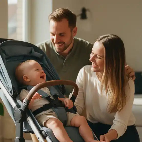 Babywagen mit schwarzem Rahmen und grauem Stoff, für Komfort ausgelegt.