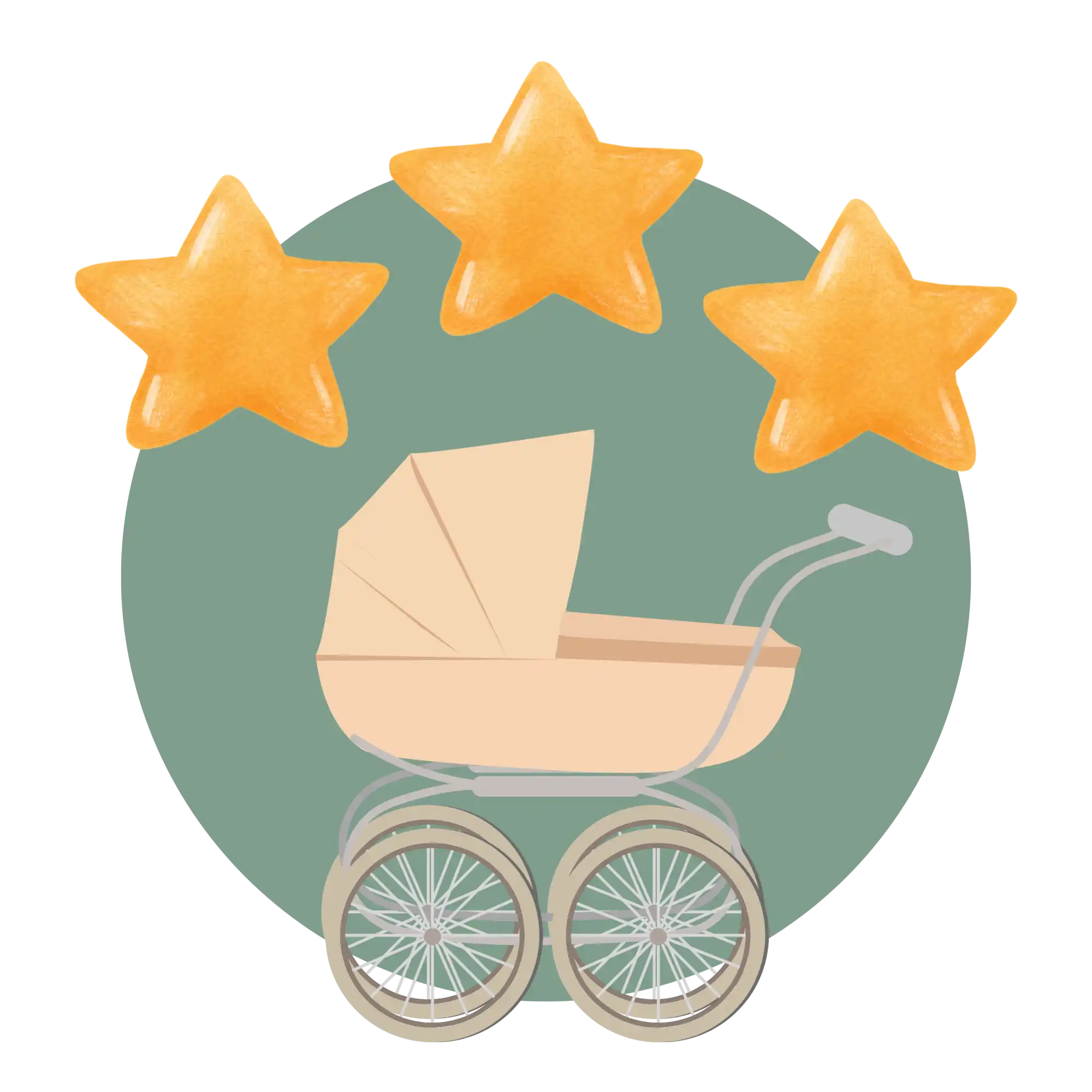 Ein beiger Kinderwagen mit drei gelben Sternen darüber.