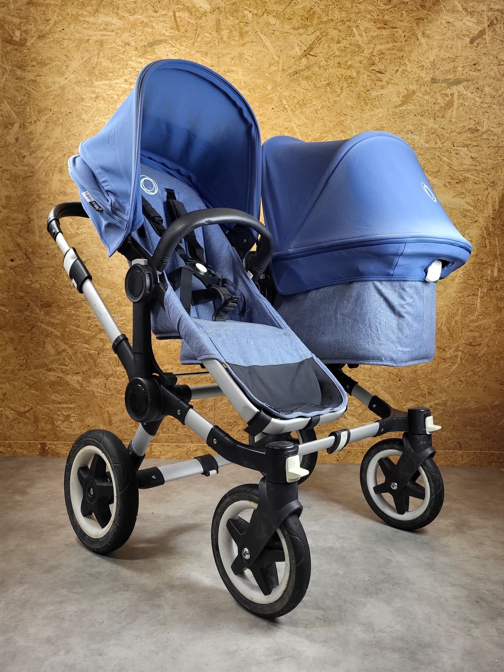 Bugaboo - Donkey 2 Zwillingskinderwagen Geschwisterwagen (2 Sitze / 1 Babywanne) Inkl. Seitliche Gepäcktasche - Blau