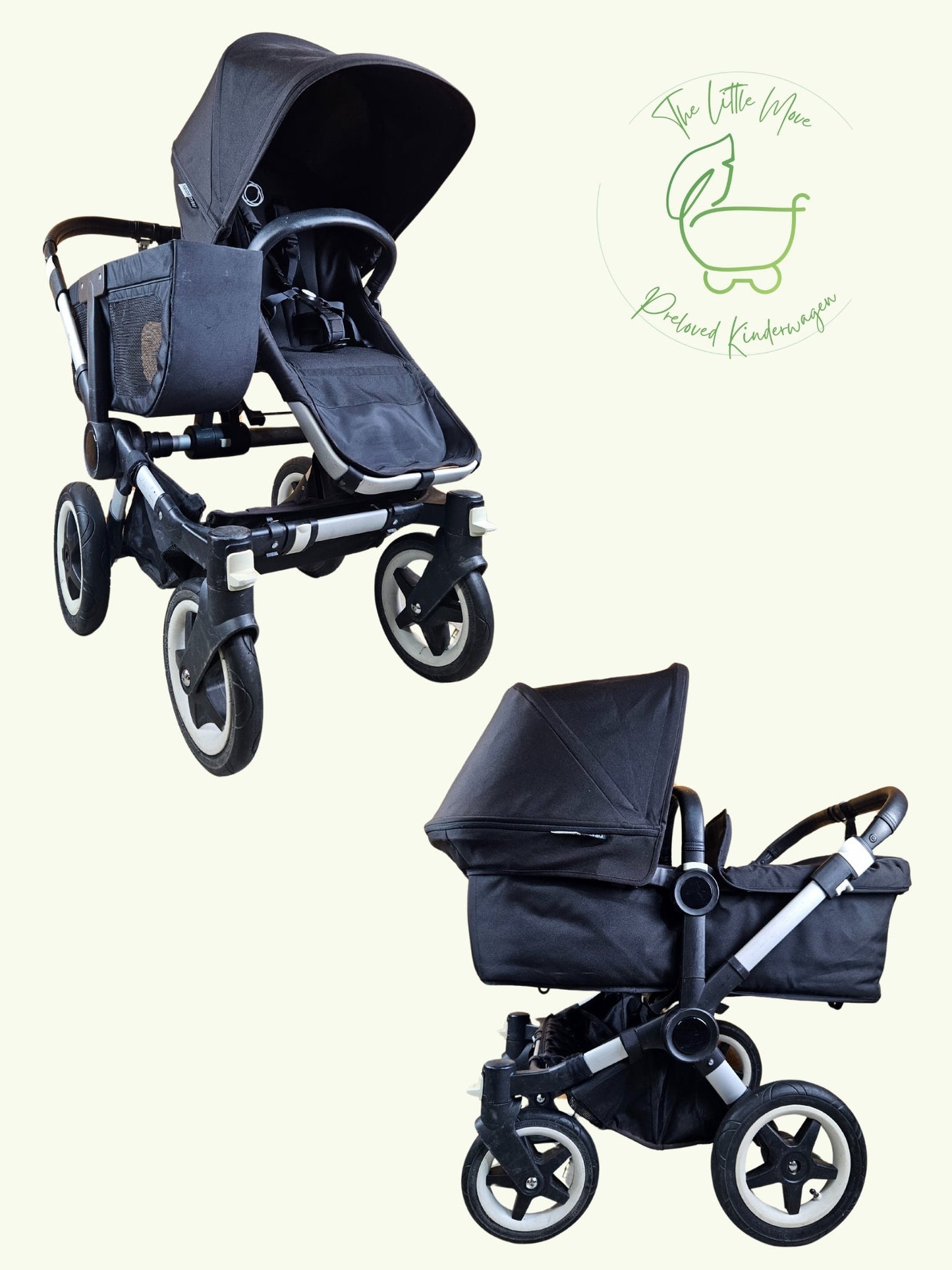 Bugaboo - Donkey Duo Kinderwagen (1 Liegewanne / 1 Sportsitz) Inkl. Seitliche Gepäcktasche - Schwarz in Gutem Zustand