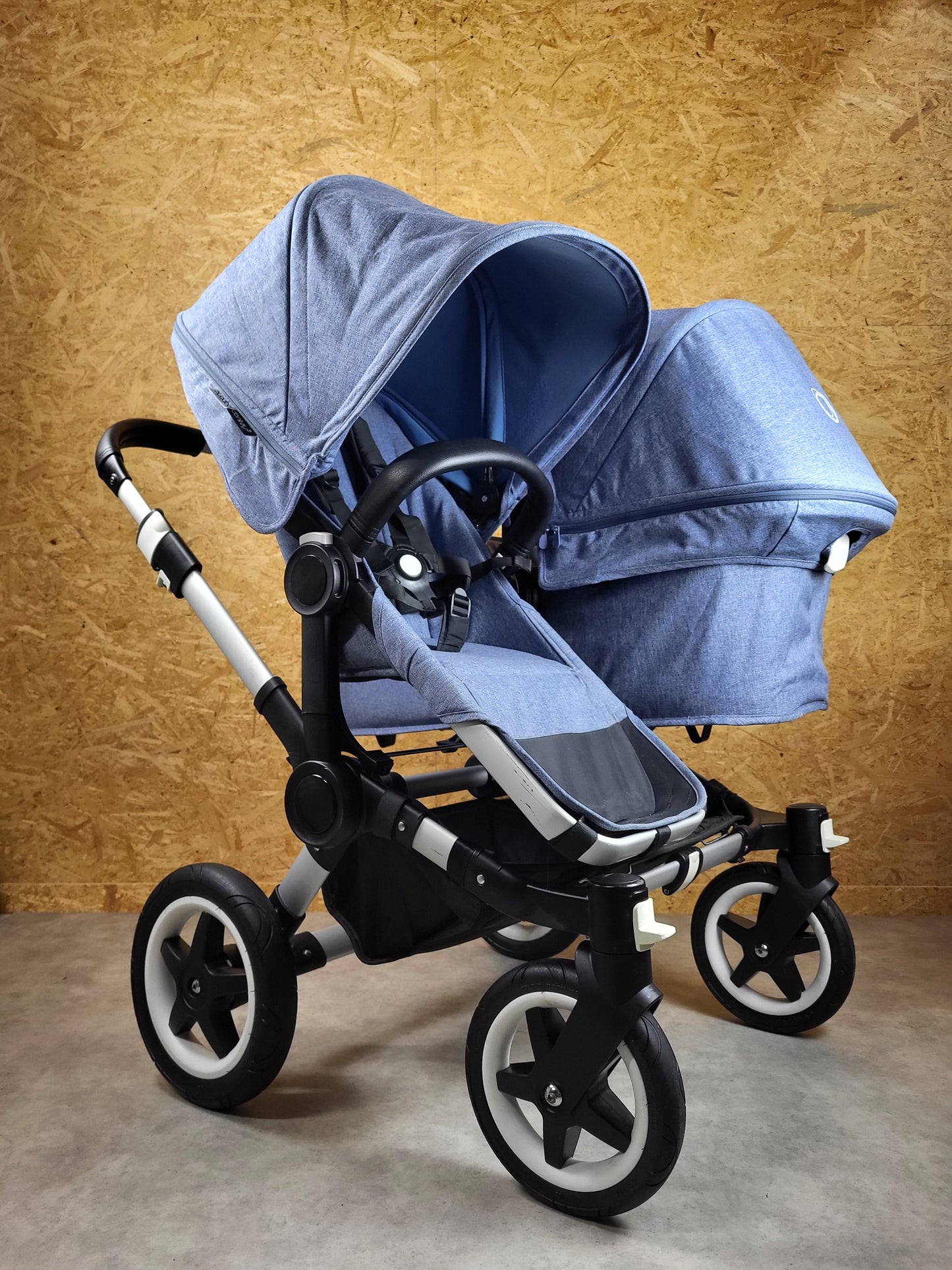 Bugaboo - Donkey Zwillingskinderwagen Geschwisterwagen (2 Sitze / 2 Babywanne) Inkl. Seitliche Gepäcktasche - Blau
