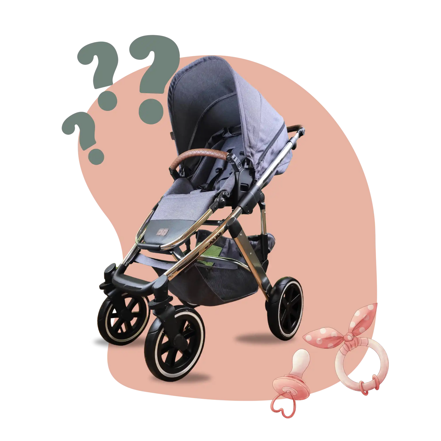 Ein grauer Kinderwagen mit einem goldfarbenen Rahmen und schwarzen Rädern.