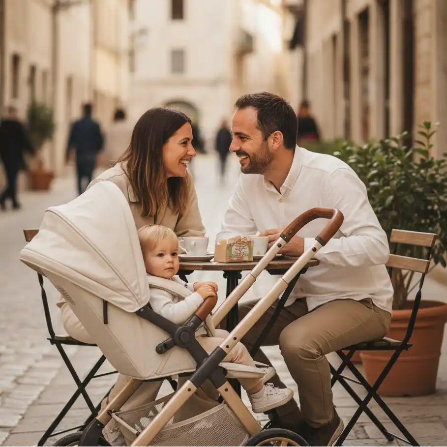 Cremefarbener Kinderwagen mit Holzrahmen und Lenkstangen, der Komfort und Stil bietet.