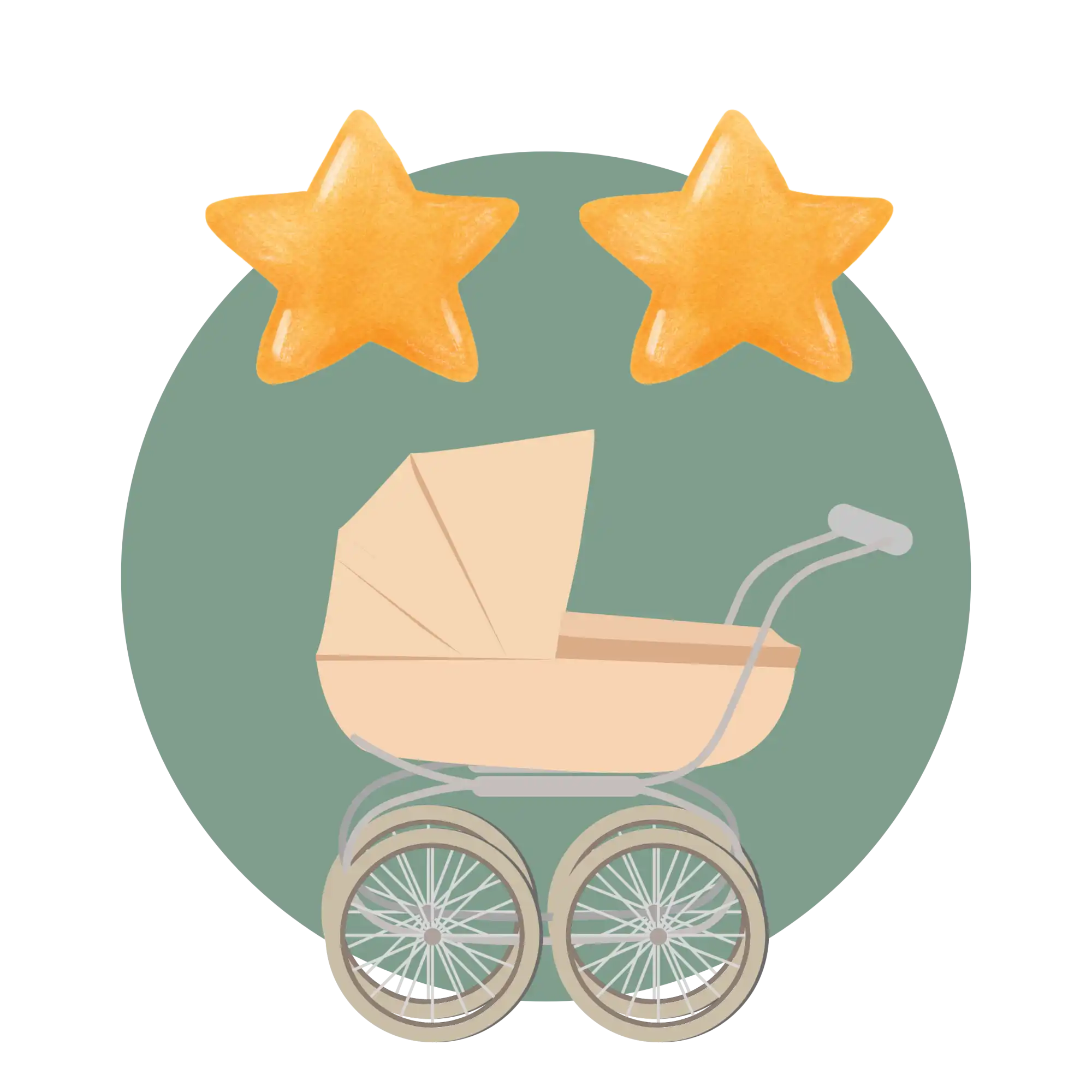Ein klassischer Kinderwagen mit zwei Sternen darüber.