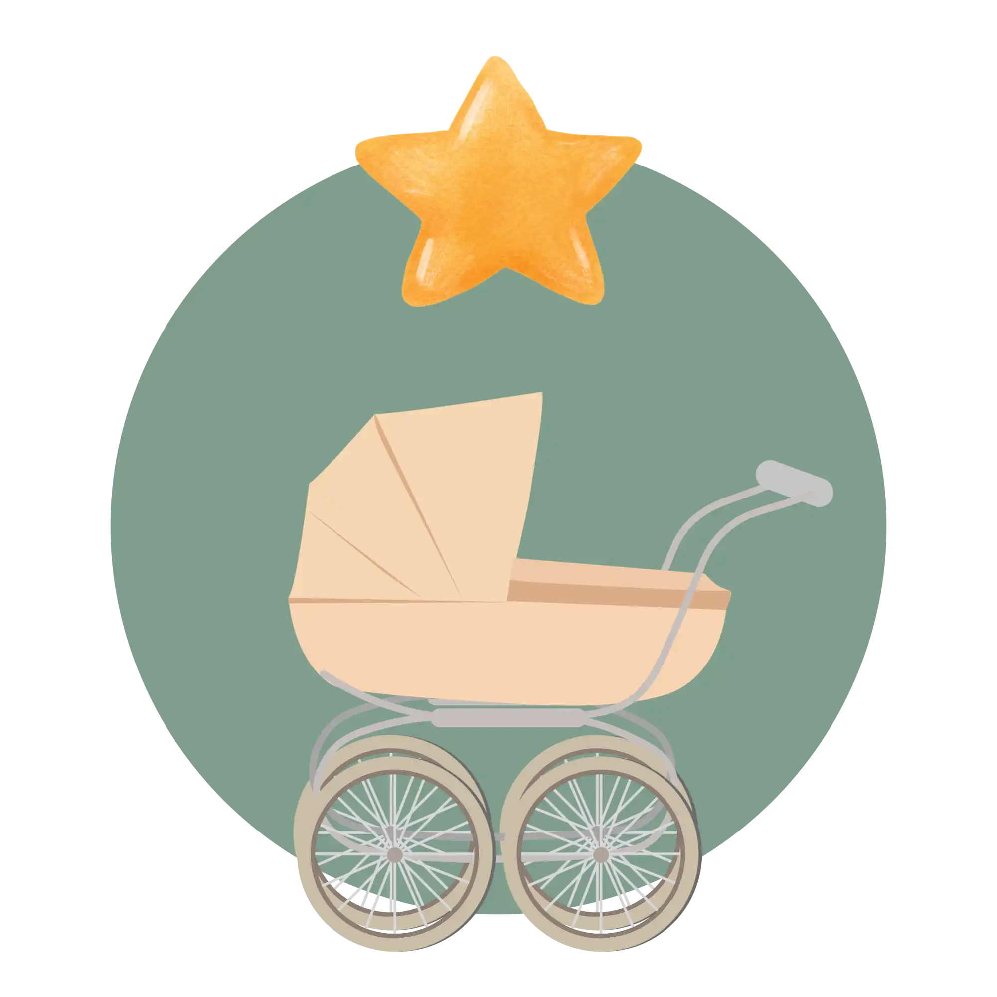 Ein Vintage-Kinderwagen im Stil mit einem großen Stern darüber.
