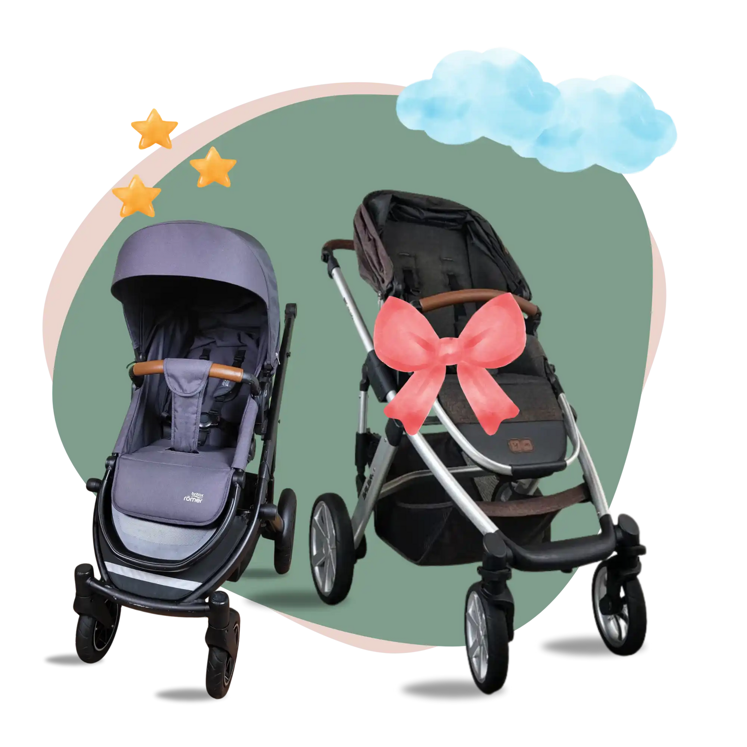 Zwei Babyschalen, eine grau und eine schwarz, mit einem rosa Schleifenakzent auf der schwarzen.