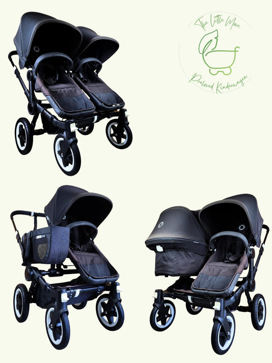 Bugaboo - Donkey 2 Duo Kinderwagen (1 Liegewanne / 2 Sportsitze) inkl. seitliche Gepäcktasche - Schwarz - in gutem Zustand