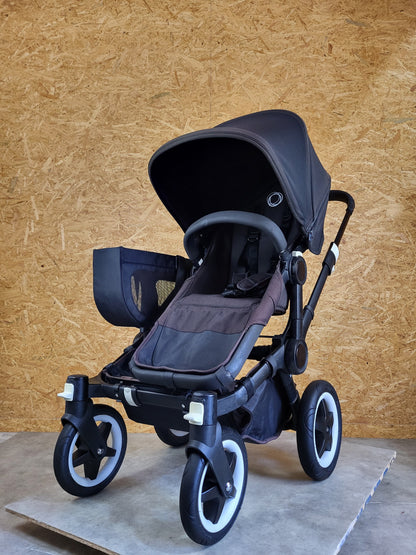 Bugaboo - Donkey 2 Duo Kinderwagen (1 Liegewanne / 2 Sportsitze) inkl. seitliche Gepäcktasche - Schwarz - in gutem Zustand