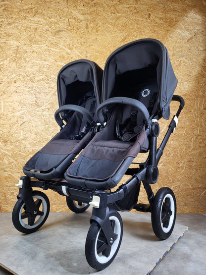 Bugaboo - Donkey 2 Duo Kinderwagen (1 Liegewanne / 2 Sportsitze) inkl. seitliche Gepäcktasche - Schwarz - in gutem Zustand
