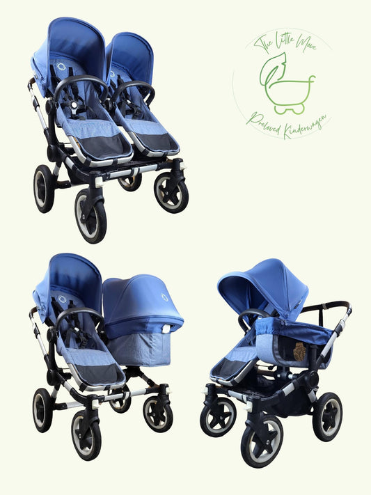 Bugaboo - Donkey 2 Zwillingskinderwagen Geschwisterwagen (2 Sitze / 1 Babywanne) Inkl. Seitliche Gepäcktasche - Blau