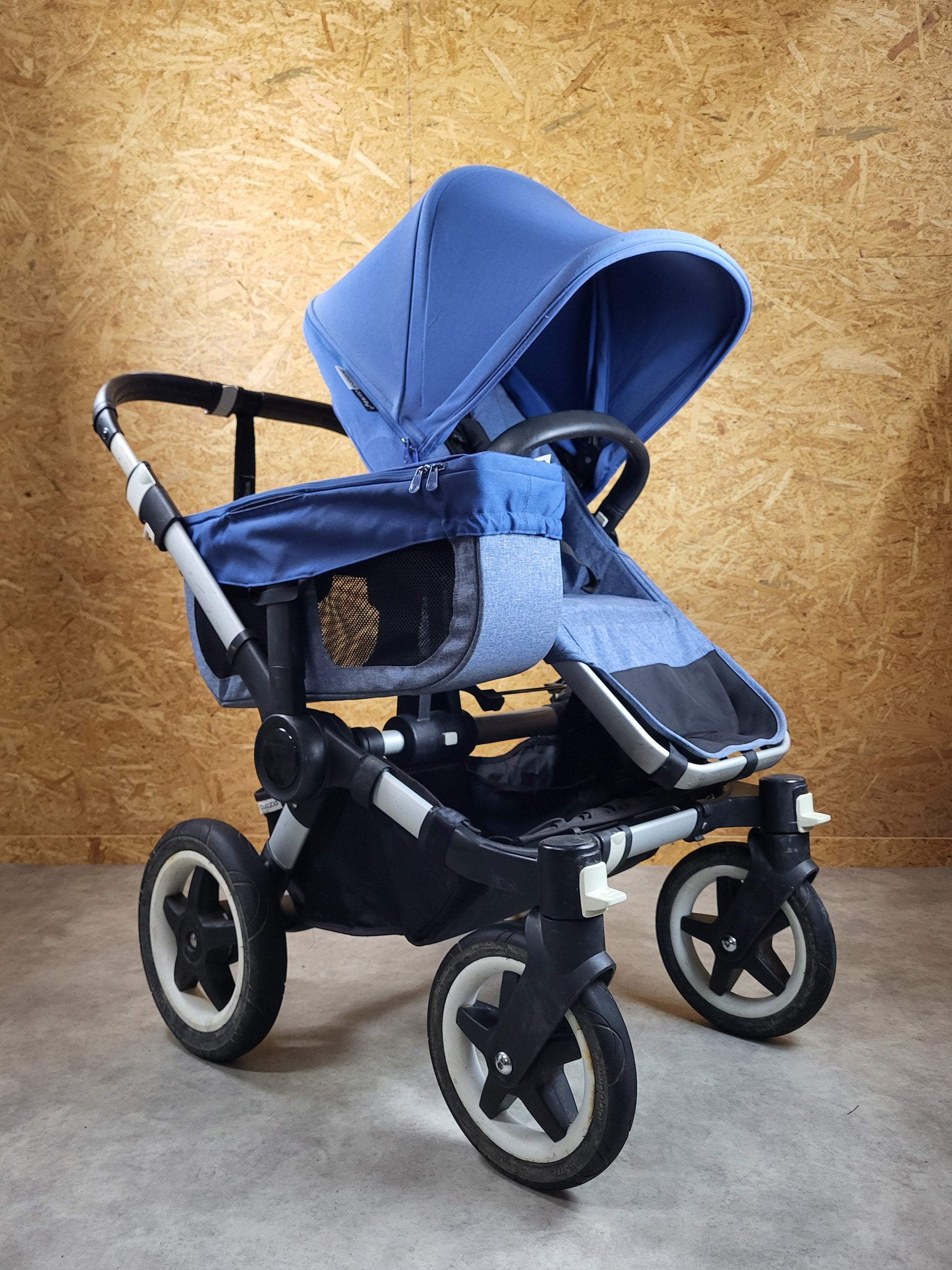 Bugaboo - Donkey 2 Zwillingskinderwagen Geschwisterwagen (2 Sitze / 1 Babywanne) Inkl. Seitliche Gepäcktasche - Blau