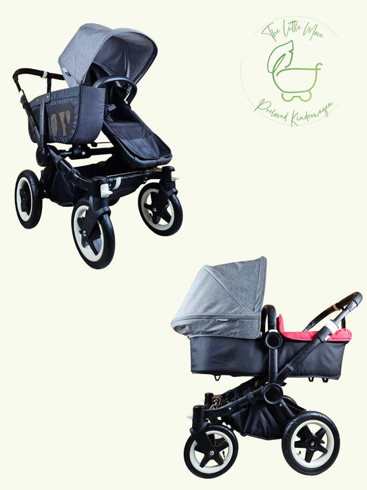 Bugaboo Donkey Mono Geschwisterwagen - Schwarz Gestell - schwarzer Sportsitz und rote Babywanne mit grauem Verdeck -