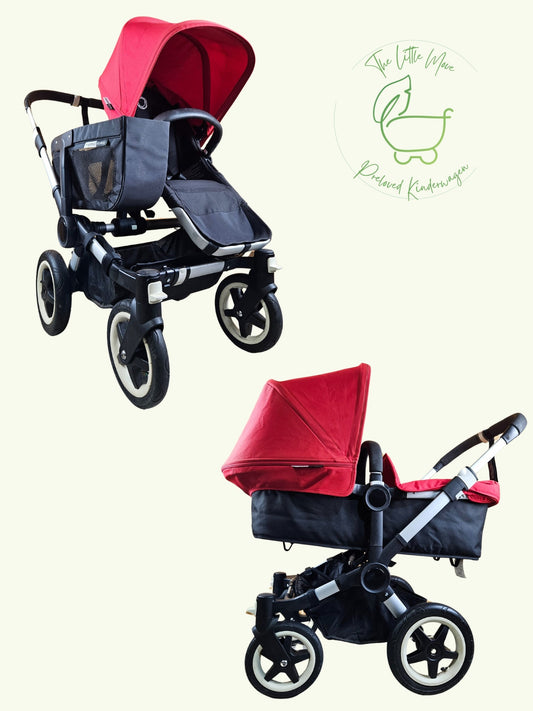 Bugaboo - Donkey Geschwister Kinderwagen (1 Liegewanne / 1 Sportsitz) Inkl. Seitliche Gepäcktasche - Schwarz Rot
