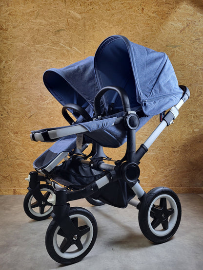 Bugaboo - Donkey Zwillingskinderwagen Geschwisterwagen (2 Sitze / 2 Babywanne) Inkl. Seitliche Gepäcktasche - Blau