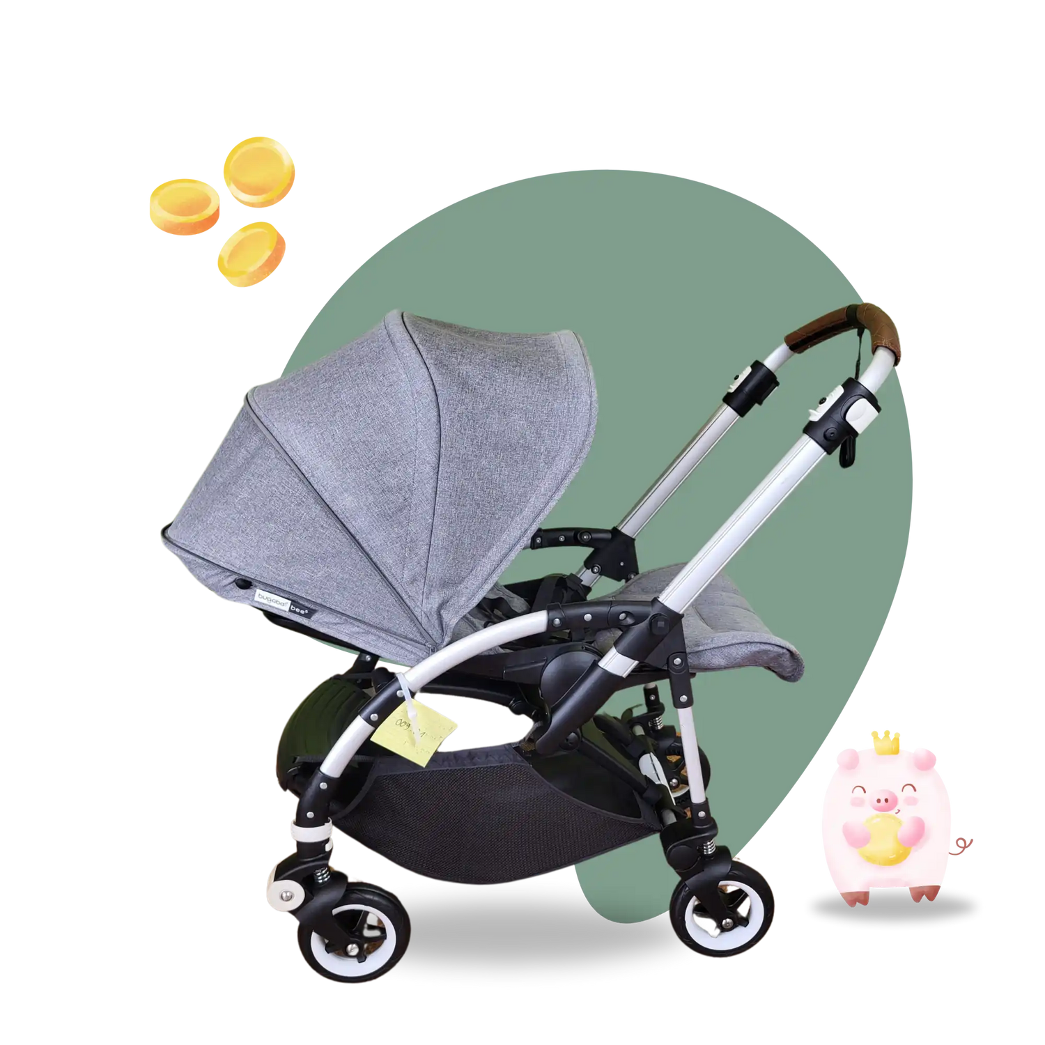 Ein grauer Kinderwagen mit einem schwarzen Rahmen und weißen Akzenten.