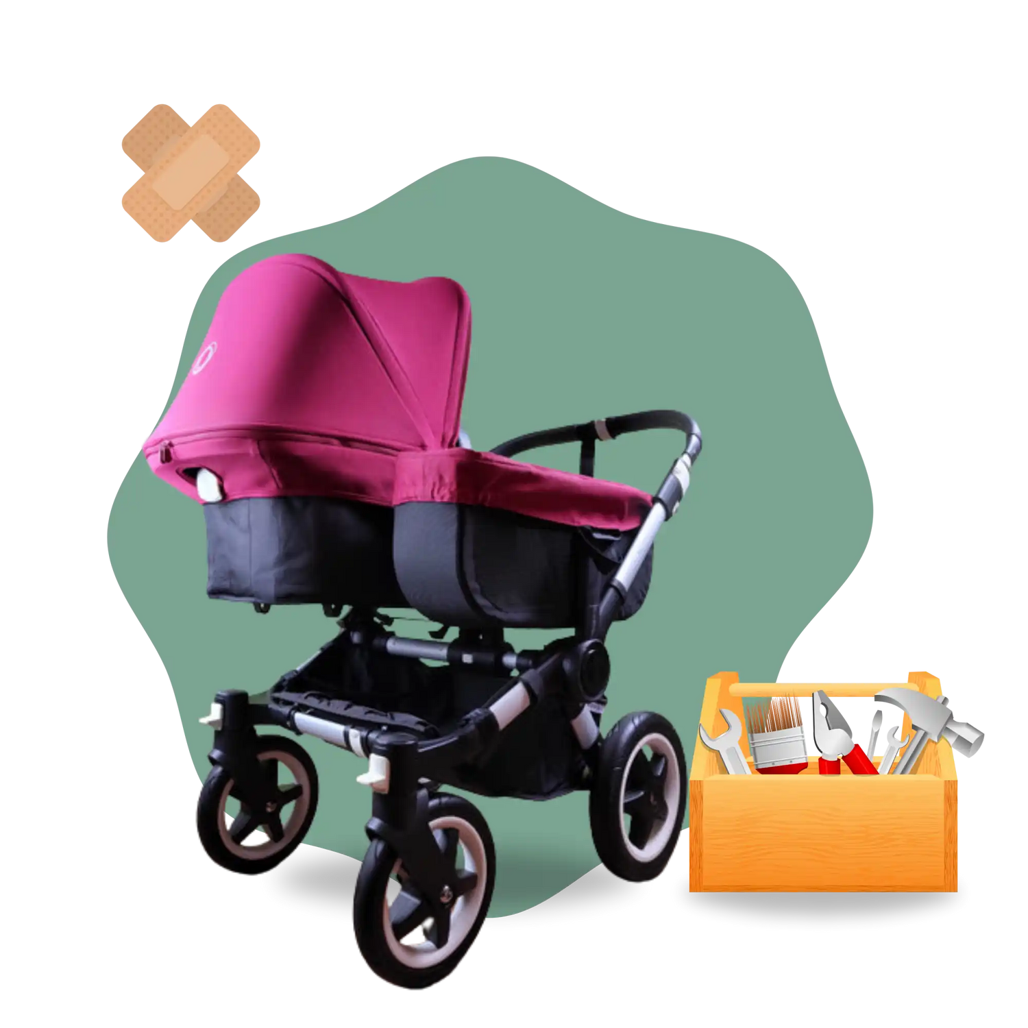 Ein magenta Doppelkinderwagen mit einem schwarzen Rahmen und weißen Rädern, begleitet von einem Werkzeugkasten und einem Verbandssymbol.