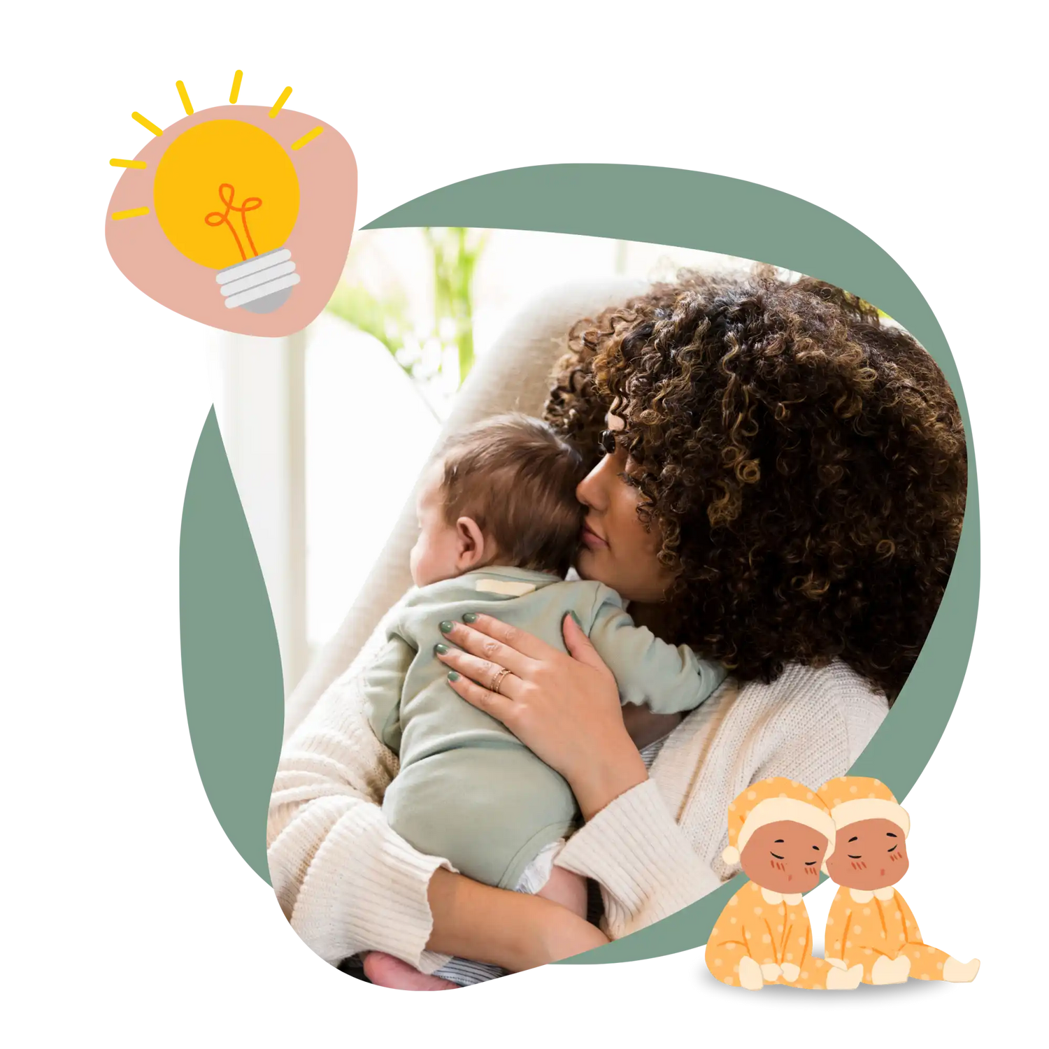 Eine Mutter mit lockigem Haar, die ein Baby in einem hellgrünen Strampler hält.