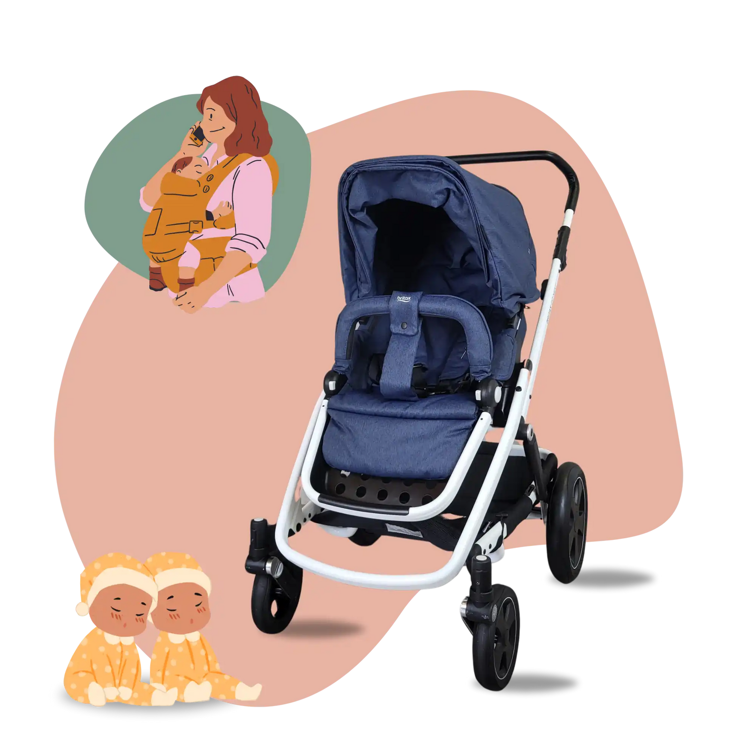 Ein navyblauer Kinderwagen mit einem weißen Rahmen.