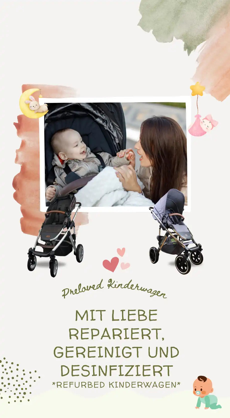 Ein Werbebild für überholte Kinderwagen.