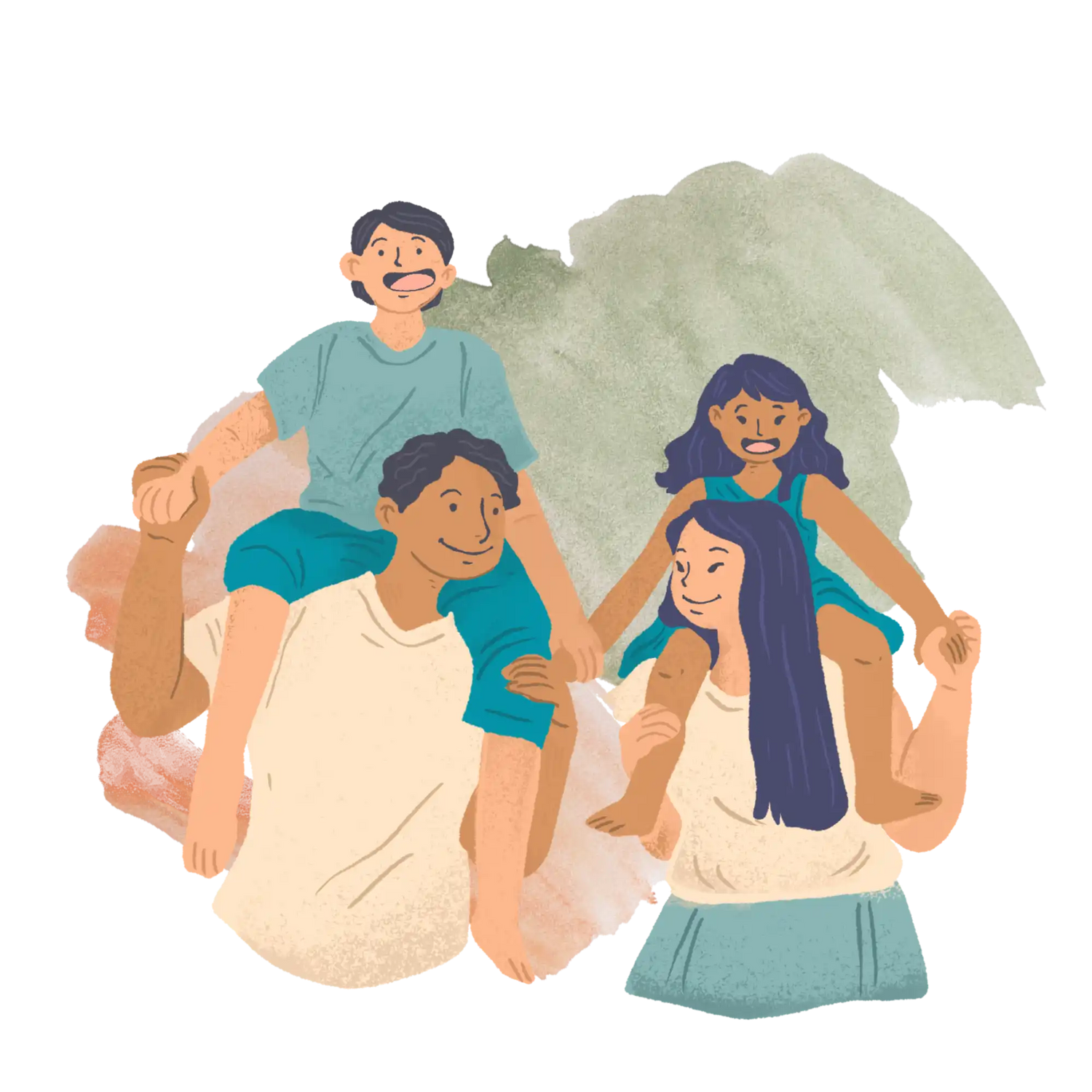 Zwei Erwachsene, die zwei Kinder auf dem Rücken tragen.