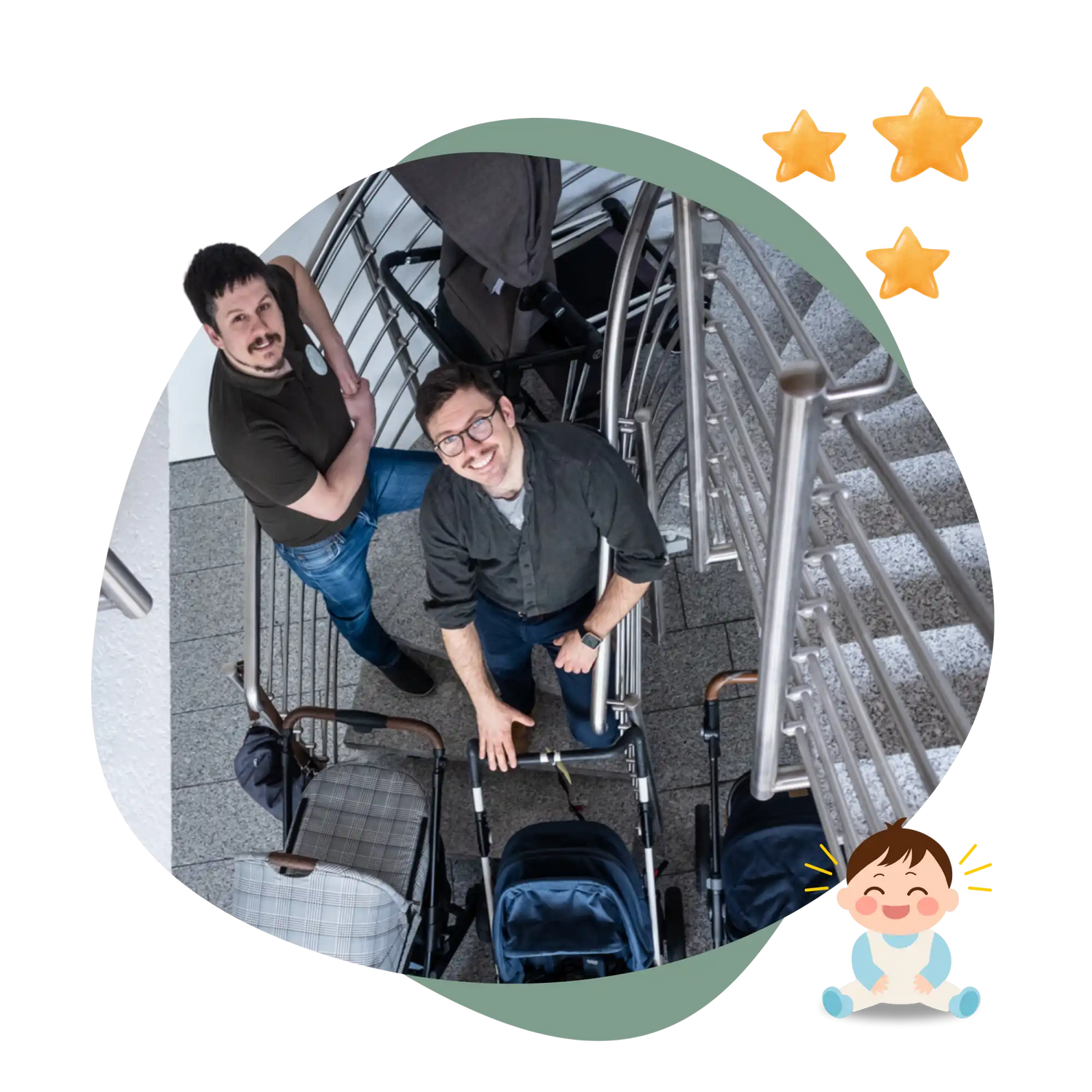 Zwei Männer mit Gehhilfen auf einer Treppe.